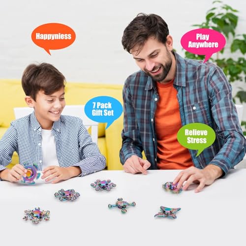 Image of 7 Pack Rainbow Fidget Spinners Pack Stress Relief Toys for Kids Adults, Hand Spinner Metal Fidget Bulk Set Desk Toy for Focus, Cool Small Gadget Novelty Christmas Stuffer Birthday Gifts Party Favor
