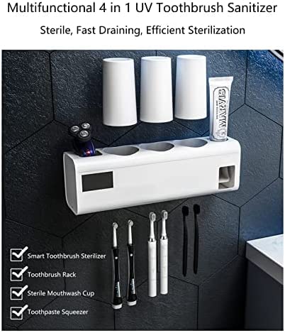 Desinfectante UV para cepillos de Dientes, Soporte para cepillos de Dientes montado en la Pared con función esterilizadora, para 3 Tazas y 6 cepillos de Dientes, esterilizador de cepillos de