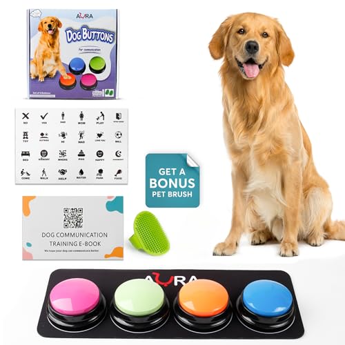 A-URA Dog Buttons for Communication with Mat, HD Sound Quality Dog Talking Button Set – Non-Slip Back Mat, Dog Buttons Talk for Training, Pet Talking Buttons for Dog (Pack of 4)