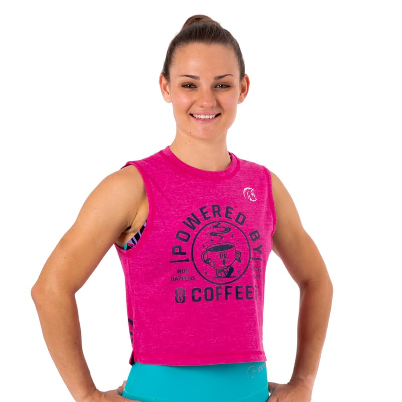 Camiseta sin Mangas Mujer Ecoactive WOD Tank Powered by Coffee Pink/Navy, Camiseta Deportiva Crop, Tejido Ecoactive, Back Loop, Costuras Planas, para Correr o Cross-Training