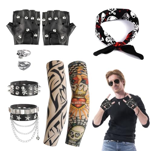 7 Stück Rocker Kostüm Disco Kostüm Herren Party Kostüm Männer mit Sonnenbrillen Ring Ärmel Armband Handschuhe Kopftücher für 70er 80er 90er
