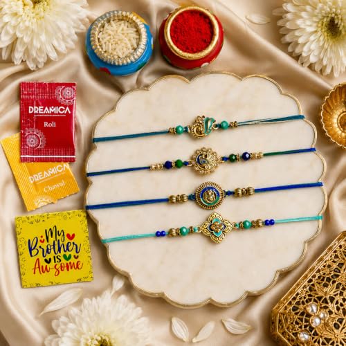 Image of Dreamica Set of 4 Designer Rakhi for Brother | Combo with 'My Brother is Awesome' Fridge Magnet, Tilak Set (Roli-Chawal), and Greeting Card | Best Rakhi Gift for Brother (Rakhi-91)