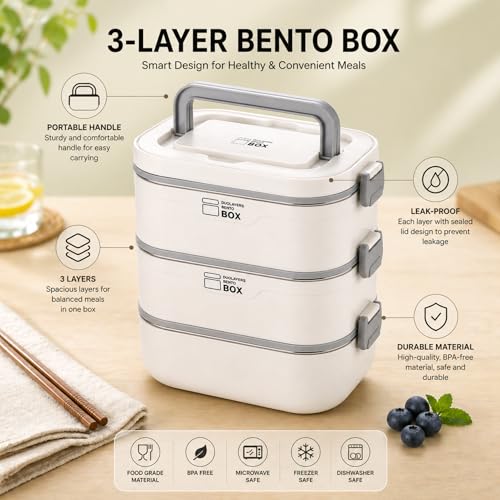 Image of 3 Layer Bento Lunch Box 2400ml for Adults & Kids | Leakproof Stainless Steel Tiffin Box with Handle, Microwave Safe Food Container | Portable Lunch Organizer for Office School Travel