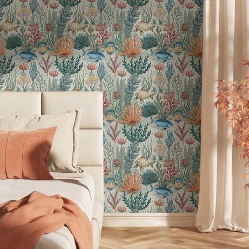 Image of Wallpaper Peel and Stick Vintage Flowers Leaves Birds Pattern Design Botanical Tropical Floral Textured Coral Fish Wall Decor Removable Waterproof Adeshive Wallpaper 16.5X87Inch