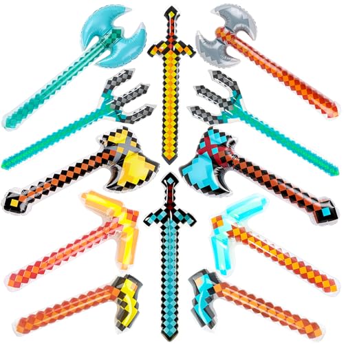 KIMOBER 12 Pack Inflatable Pixel Weapons Set Large Inflatable Sword Axe Pickaxe Hatchets Tridents PVC Reusable Pool Party Props for Cosplay Theme Events