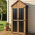 Ketive Outdoor Storage Cabinet, Wood & Metal Storage Shed with Weather-Resistant Roof, Adjustable Shelf, Lockable Doors & Adjustable Feet, for Garden, Patio, Backyard, 27.5" x 13" x 67" (Brown+Black)