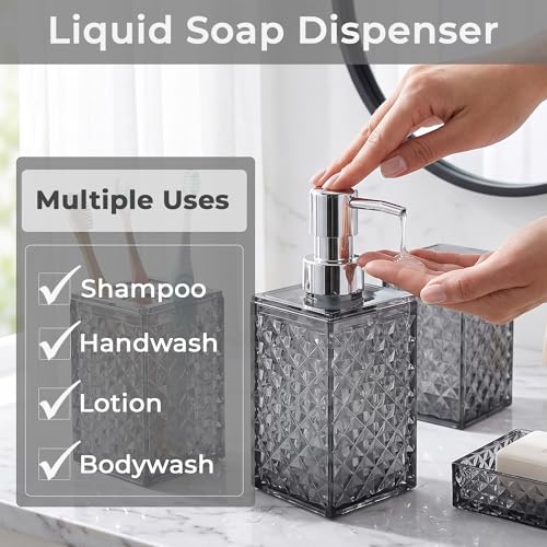 Image of Story@Home 4 Pieces Bathroom Accessories Set - Grey | Toothbrush Holder, Soap Dispenser, Mouth Wash Cup & Soap Dish for Home Kitchen & Bathroom | Bathroom Essentials for Office