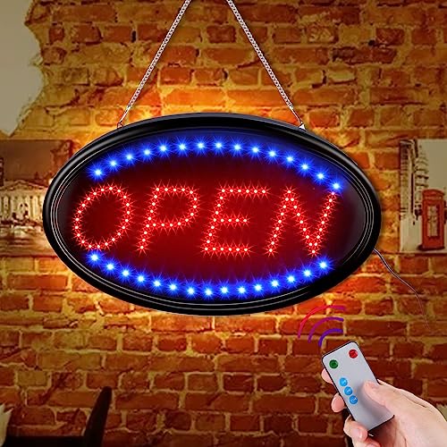 Image of FITNATE LED Open Sign, 23 inchx14 inch, with Remote, Timer & Flash /Steady Modes | Ultra bright for day or night, plug in to use, energy saving, stainless hanging chain, for shop bar hotel window wall display