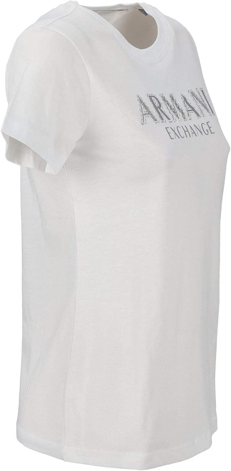 Armani Exchange Women's Crewneck Regular Fit Rhinestone and Metallic Logo Tee, Optic White, Medium - Image 6