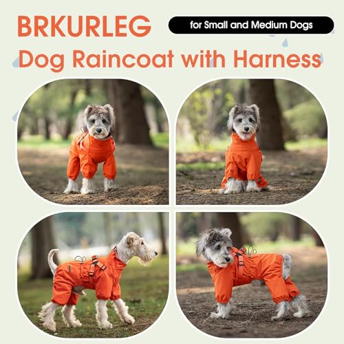 BRKURLEG Hunde-Regenmantel für kleine und mittelgroße Hunde, Regenmantel für kleine Hunde mit integriertem Geschirr, 4 Beine, Orange, Größe M