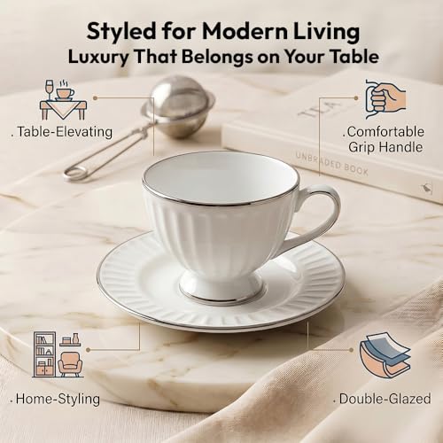 Image of U.P.C. Cup & Saucer Set of 12 Pcs | White & Silver Rim Embossed Bone China Tea Coffee Cup Set | Luxury Crockery | Gift for Home & Kitchen