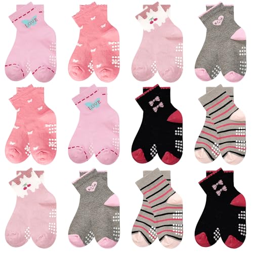 Non Slip Toddler Girl Socks Kids Grip Socks Anti-Skid 12 Pairs With Fun Patterns for Toddler Girls 1-7 Years