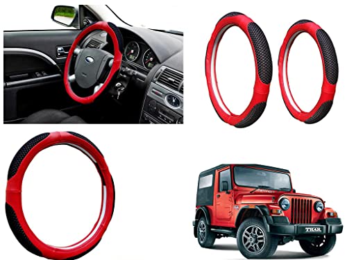 Image of Microfiber Car Steering Wheel Cover, Soft Padding Great Hand Feel, Anti-Slip, Faux Leather Steering Cover for Mahindra Thar | Black Red Jali - Pack of 1