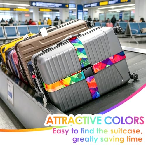 Image of 4 Pack Luggage Straps for Suitcases Adjustable Luggage Belt Suitcase Strap Travel Bag Accessories (Colorful Geometry(4 Pack))