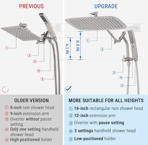G-Promise All Metal 16 Inch Rain Shower Head with Massage Mode Handheld Spray Combo, 3-Way Diverter with Pause Setting, Full Body Coverage, Modern Bathroom Upgrade (Brushed Nickel) by G-Promise - Used condition - Image 5