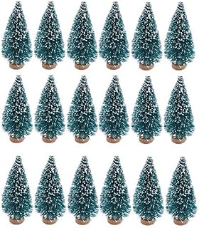 SUNREEK 24 Pieces Artificial Mini Christmas Sisal Snow Frost Trees with Wood Base Bottle Brush Trees Plastic Winter Snow Ornaments Tabletop Trees for Christmas Party Home Decoration (Blue-Green)