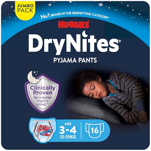 DryNites Huggies Calzoncillos absorbentes para niño 3-5 (16-23 kg), Clínicamente probado con 5 capas de protección nocturna, 16 pañales de noche