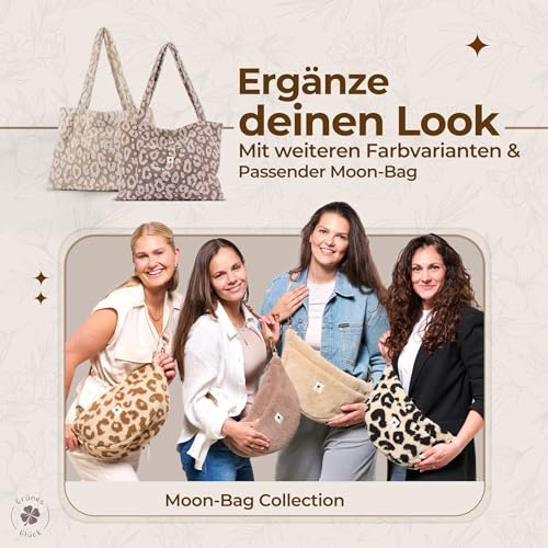Grünes Glück Teddy Handtasche Damen – Premium Shopper mit extra vielen Innentaschen - Flexibel einsetzbar als Umhängetasche, Kinderwagentasche, Wickeltasche - die Tote bag (Leo Taupe)