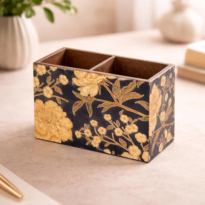 Image of Wooden Spoon Holder for Dining Table | 2-Section Cutlery Storage Box | Kitchen Utensil Organizer with Elegant Gold black Pattern | Multipurpose Tabletop Stand | 10 x 16 x 12 cm (Black Design)