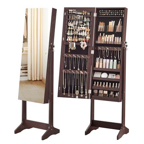 Image of SONGMICS Jewelry Cabinet Armoire, Freestanding Lockable Storage Organizer Unit with 2 Plastic Cosmetic Storage, Full-Length Frameless Mirror, for Necklace Earring, Brown UJJC002K01