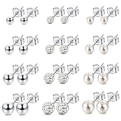 ORAZIO Stud Earrings for Women Stainless Steel Round Pearl Crystal Ball Earrings Set