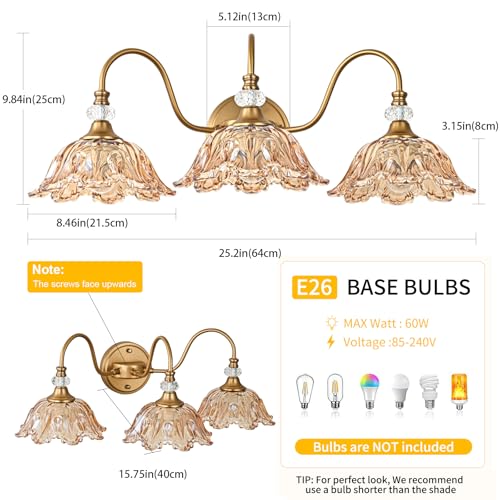 Image of Vintage Bathroom Vanity Light, 3-Light Matte Deep Brass Finish Vanity Light with Flower-Shaped Amber Glass Shades, Retro Wall Sconce for Bathroom