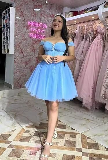 Shiny Tulle Homecoming Dresses for Teens Short Off Shoulder Prom Gown A-line Evening Dress4