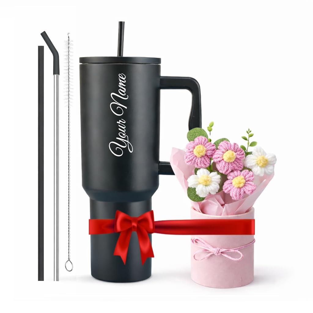 KRIVAZ 1200ml Steel Tumbler with Straw | Personalized Tumbler + Crochet Flower Bouquet Gift for Birthdays, Weddings, Anniversaries – Gift for Women, Men, and Girls (Black + Bouquet)