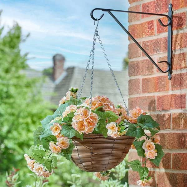 Garden Mile 12'' Artificial Flower Hanging Basket Garden Planter with Rattan Basket Fake Flowers Begonia Hanging Plant Pot Outdoor Decoration Large Wicker Basket with Fake Flowers