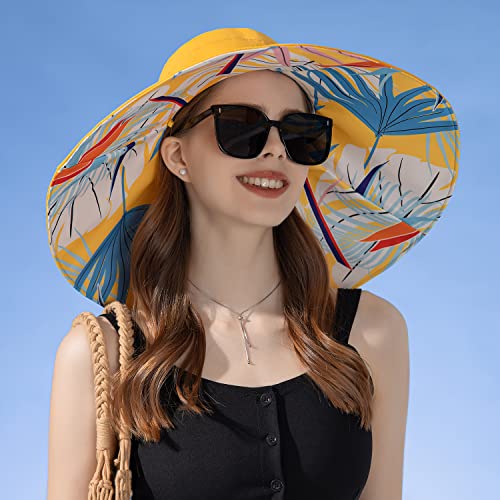 Huamulan Women Wide Brim Summer Sun Hat Wired Edge Floral Beach Bucket Hats Reversible Foldable Fishing Travel Uv Protection Lady Hat Windproof Chin Cord String #TOP2