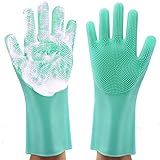 Magic Washing Gloves, Reusable Silicone Dishwashing Gloves with Scrubbers for Kitchen, Bathroom Cleaning, Pet Hair Care, Car Washing（1 Pair, 2 Gloves, Green）