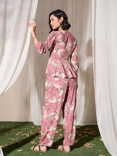 Image of barcino Pink Tropical Front Tie Top With Pants