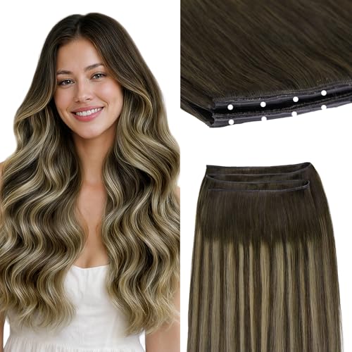 GOO GOO Butterfly Weft Hair Extensions Human Hair, Invisible Double Genius Weft, 4/26/4 Balayage Chocolate Brown to Honey Blonde 24 Inch 120g, Flat No Bulk Easy Install at Home for Women