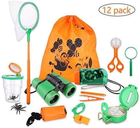H Harlerbo Outdoor Adventure Set for Kids Explorer Kit Educational Toys Binoculars Flashlight Compass Magnifying Glass Butterfly Net Tweezers Bug Viewer Whistle Gift Set for Camping Hiking Backyard