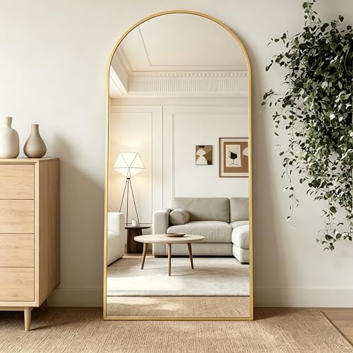 76" x 34" Arched Full Length Mirror Gold Aluminum Alloy Frame with Stand