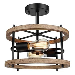 Lakumu 2-Light Retro Semi Flush Mount Ceiling Light Fixture, Rustic Vintage Wood Ceiling Light Black Metal, Industrial Farmhouse Ceiling Lamp for Hallway Entryway Bedroom Balcony Farmhouse Dining Room