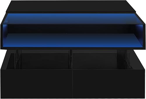 Miniatura 25 de Merax Mesa auxiliar, moderna mesa de centro extensible con 4 compartimentos de almacenamiento ocultos, mesa de cóctel central cuadrada de alto