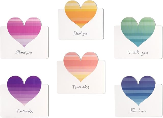 Kuuqa 36 Pieces Heart Thank You Cards Valentine's Greeting Gift Cards with 36 Envelopes and 36 Stickers for Thanksgiving Day Valentine's Day Mother's Day Greeting (6 Colours)
