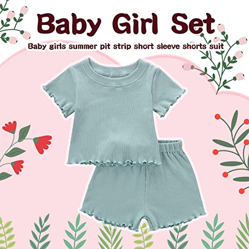 Image of Toddler Girl Clothes Summer Outfit Short Sleeve Shorts Set 12M-5T | Soft ribbed knit toddler girl outfit with breathable fabric, ruffle top, comfy shorts and stretchy fit for summer daily wear.