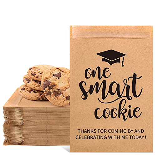Whaline 100 Pack Graduation Candy Cookie Gift Bags One Smart Cookie Self-Adhesive Buffet Treat Bag Congrats Grad Kraft Paper Treat Gift Bags for Graduation Party Decoration Supplies