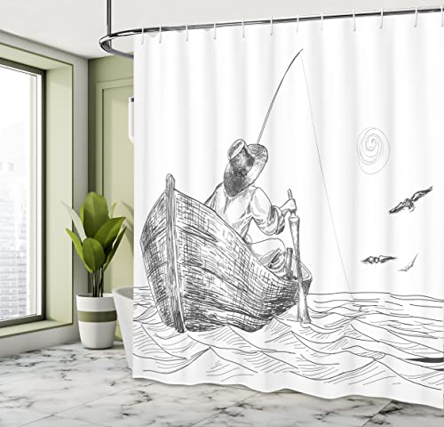 Ambesonne Seagulls Shower Curtain, Fisherman With Hat In Boat On Sunny Day Pencil Sketch Styled Illustration, Cloth Fabric Bathroom Decor Set With Hooks, 69" W X 70" L, White Charcoal Grey #TOP3