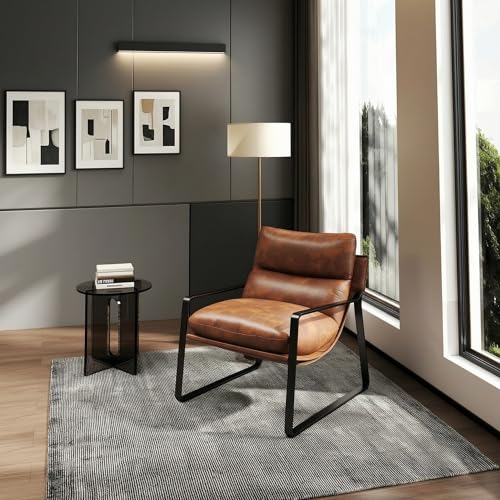 CIMOTA Modern PU Leather Living Room Chairs Set of 1, Upholstered Accent Chairs with Black Metal Legs & Armrest, Reading Lounge Chair for Bedroom Apartment Waiting Room, Brown