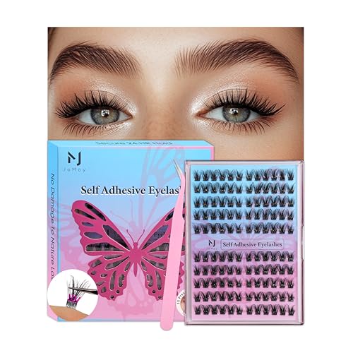JoMay Self-Adhesive Eyelashes, Press on Lashes No Glue Needed, Glueless Pre-Glued D Curl Cluster Lashes for Beginners, No Residue, Pre-Separated L/R Eye, 1-Step DIY, 120PCS (X10)