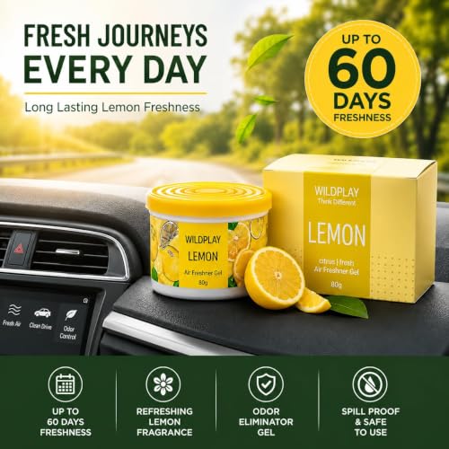 Image of Wildplay Lemon Car Gel Freshener 80g - Long Lasting Lemon Fragrance, Spill Proof Gel Air Freshener, Odor Eliminator, Dashboard Perfume for Fresh and Pleasant Car Interior