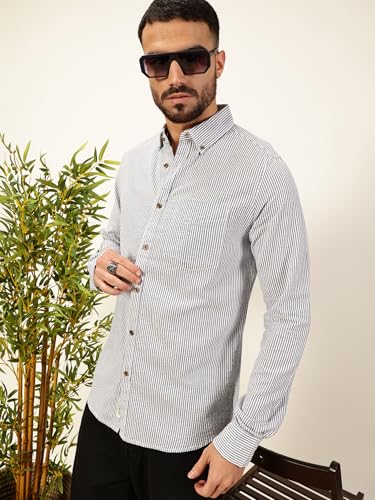 Image of Thomas Scott Men's | Slim Fit | Striped Design | Button-Down Collar | 100% Cotton Casual Shirt for Mens