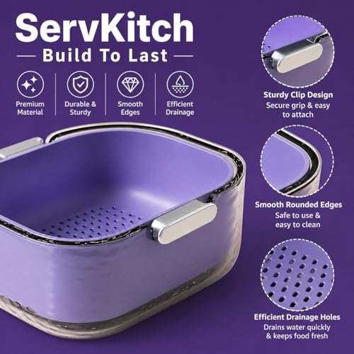 Image of 3-in-1 Vegetable Washing Basket with Drain Tray Set of 3,Kitchen Strainer & Colander Bowl,BPA-Free Vegetable & Fruit Washer with Handle (Purple)