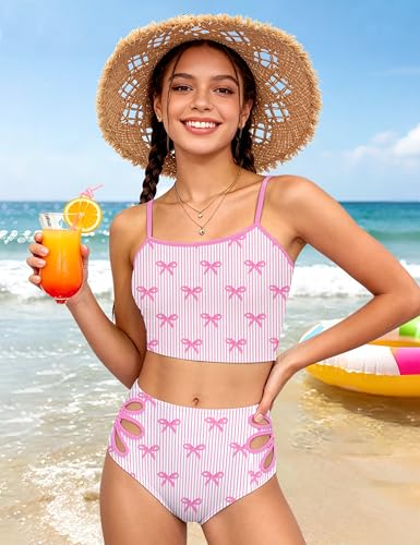 Image of Girls Tankini Swimsuit 2 Piece Bathing Suit Twist Cross Back Cutout Swim Tank Top Floral Print Swimwear for 7-18Y