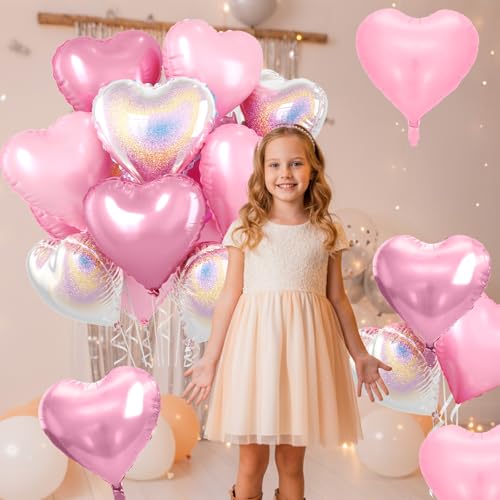 Image of Pink and Silver Heart Balloons, 10 Pcs Pink Laser Silver Heart Shaped Balloon, 18 Inch Metallic Glitter Stars Foil Balloons for Girls Women Princess Brithday Baby Shower Valentines Party Decorations