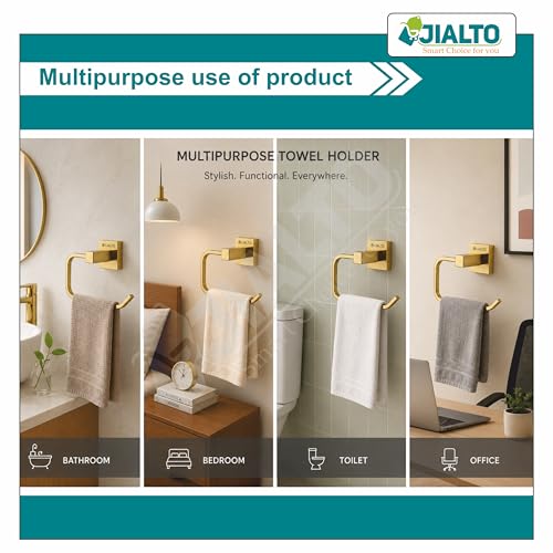 Image of JIALTO Premium Gold Finish Towel Ring - Wall Mounted, Rust-Free, Stainless Steel Towel Holder for Bathroom & Kitchen (Gold, Pack of 2)