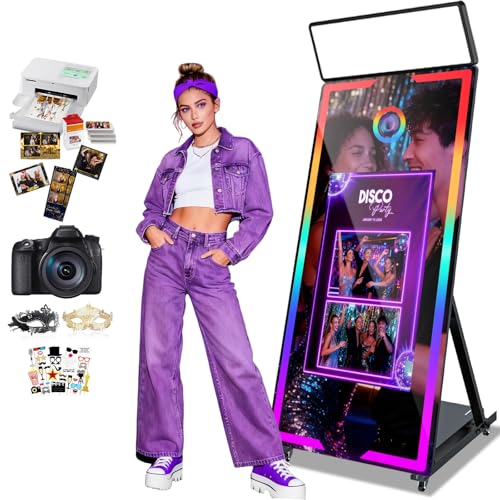 Image of Magic Mirror Photo Booth with Camera and Printer 65'' Mirror Photo Booth with 32'' Interactive Touch Screen Built-in Mini PC with Instant Print Rental Wedding Party (Black+Camera+Printer, 65-32in)